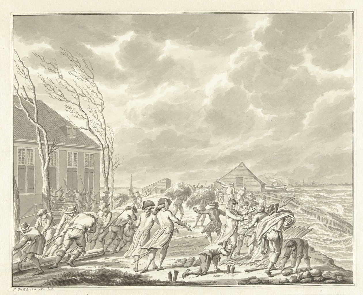 De overstroming van de Diemerzeedijk bij Amsterdam, 1776 door Jan Bulthuis (signed by artist)