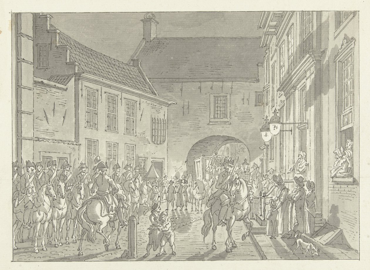 L.P. van de Spiegel naar de Gevangenpoort gebracht, 1795 door Jan Bulthuis