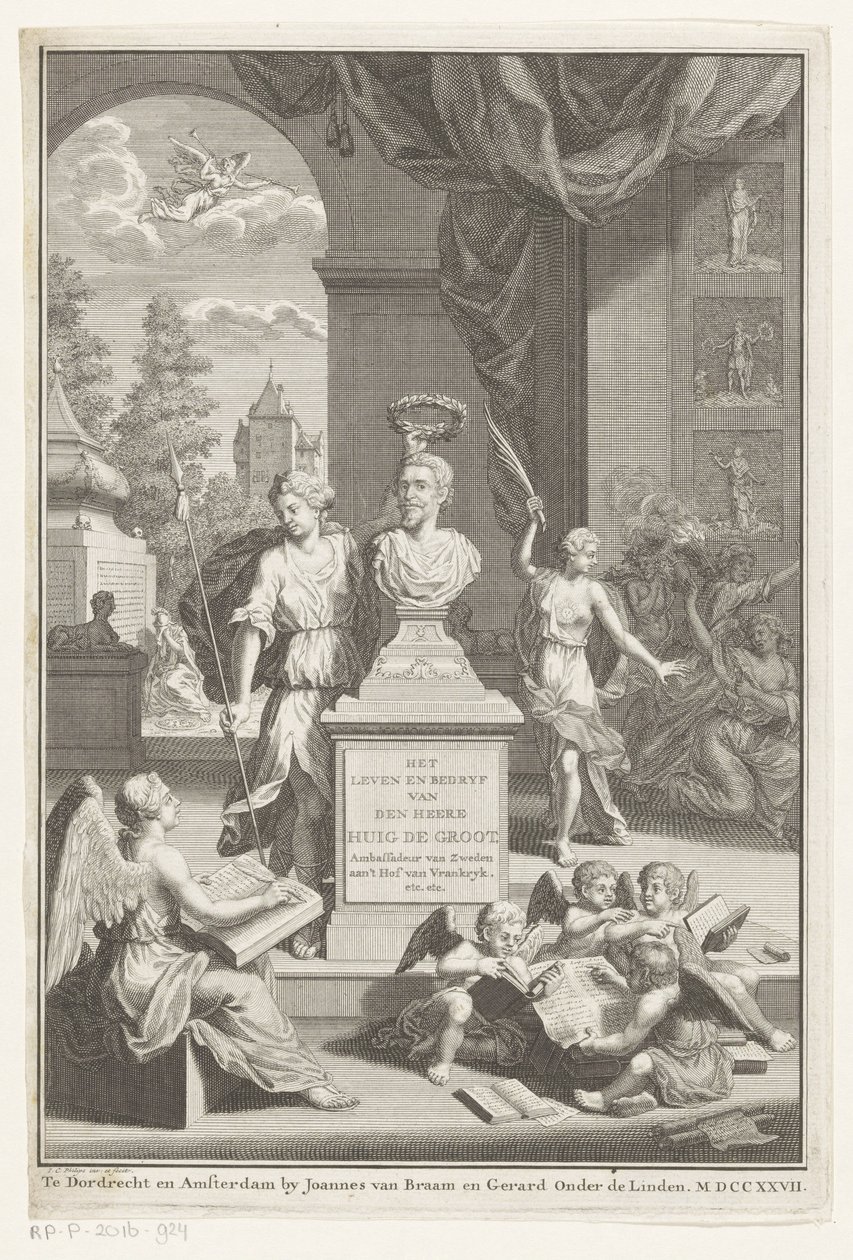 Buste van Hugo de Groot gelauwerd door Victoria door Jan Caspar Philips