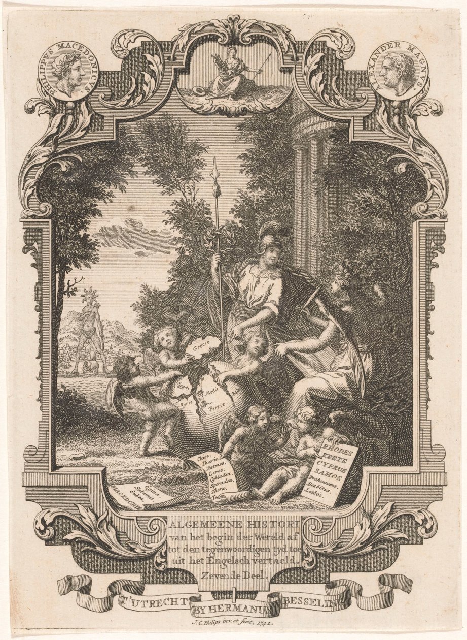 Cartouche met allegorie op de geschiedenis van Griekenland door Jan Caspar Philips