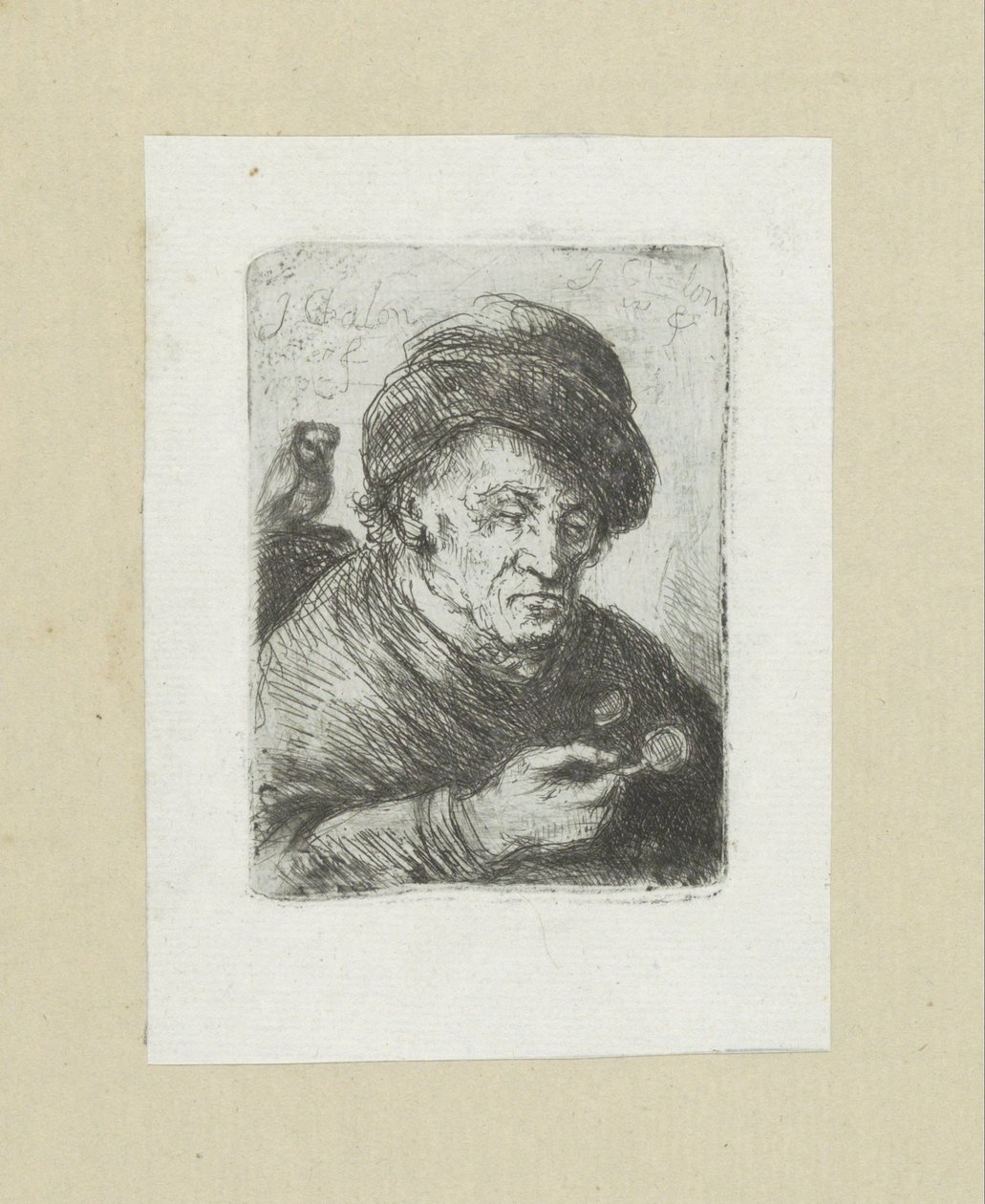 Oude man met bril en uil door Jan Chalon