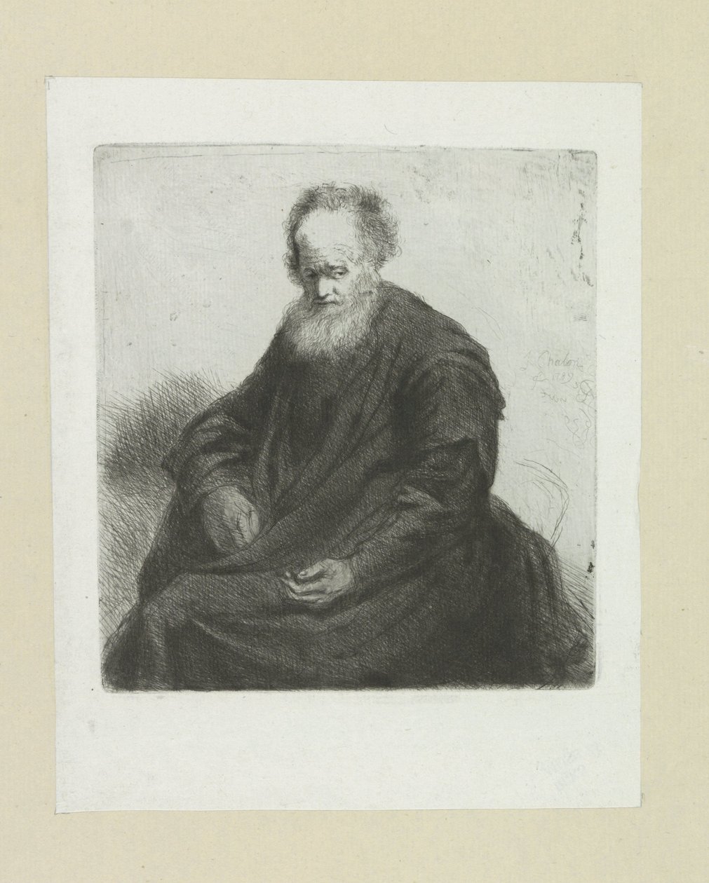 Zittende oude man met lange mantel door Jan Chalon
