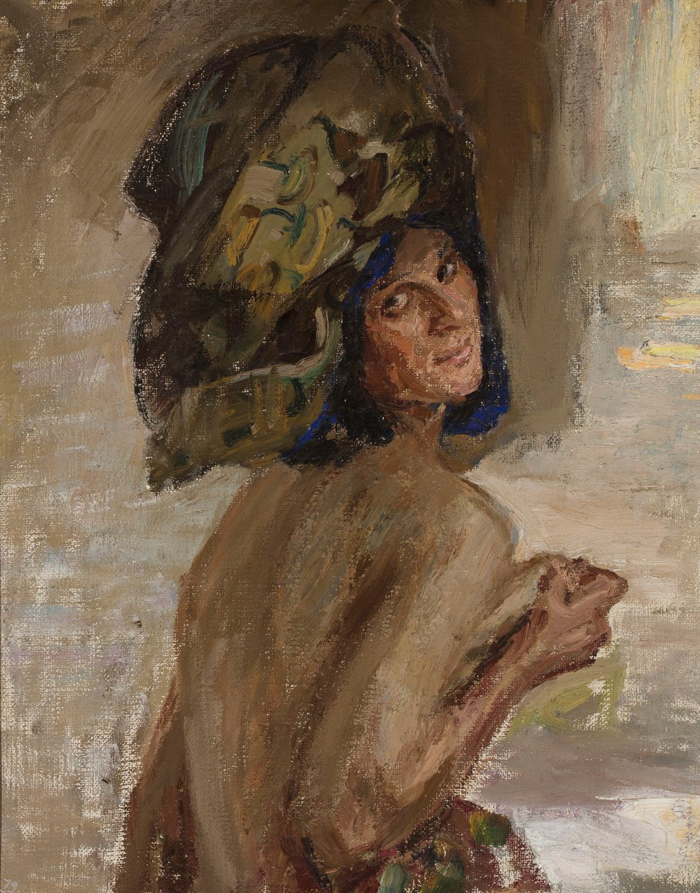 Studie van een vrouw bij het schilderij „Zonsopgang“ door Jan Ciągliński