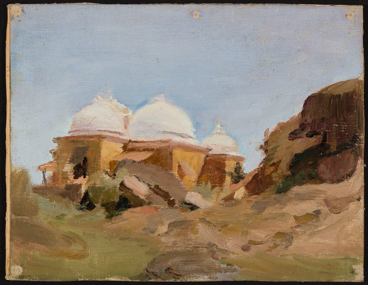 Tempel mit weißen Kuppeln. Von einer Reise nach Indien door Jan Ciągliński