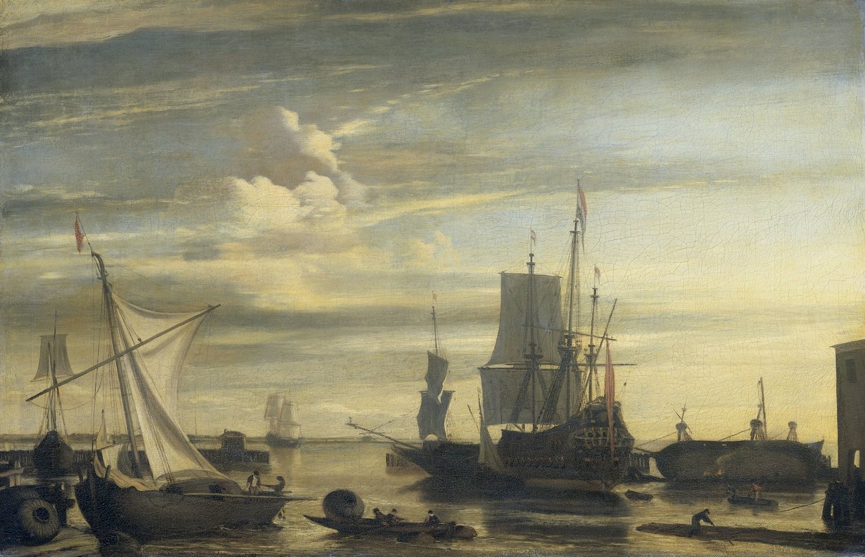 Haven bij zonsondergang door Jan Claesz. Rietschoof (attributed to)