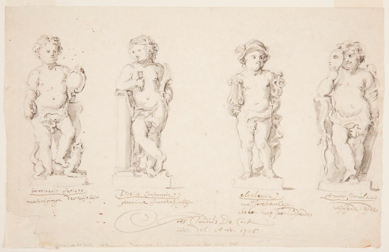 Tekenen, projecten voor standbeelden: "Wijsheid. "Standvastigheid. "Welsprekendheid." "Cupido vermomd.", 1726 door Jan Claudius de Cock