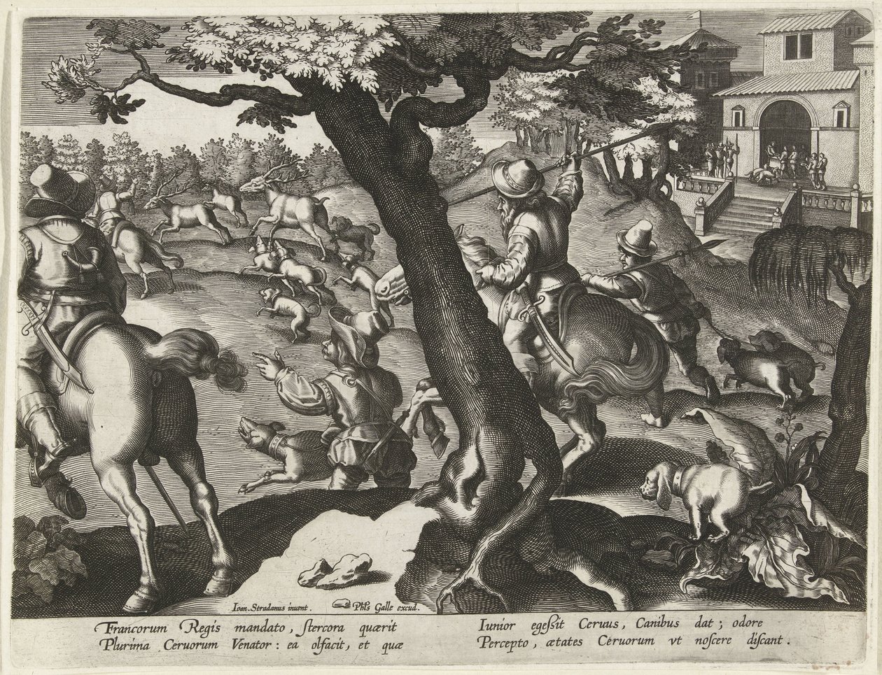 Hertenjacht met honden door Jan Collaert (II) (attributed to)