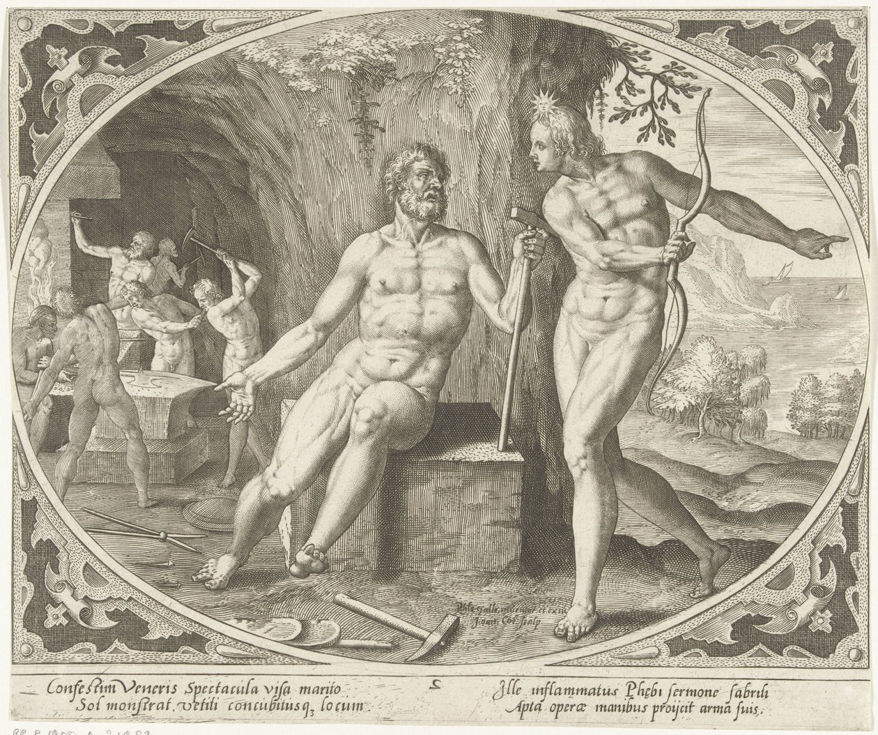 Phoebus brengt Vulcanus op de hoogte van het overspel Venus en Mars (serie) door Jan Collaert (II)