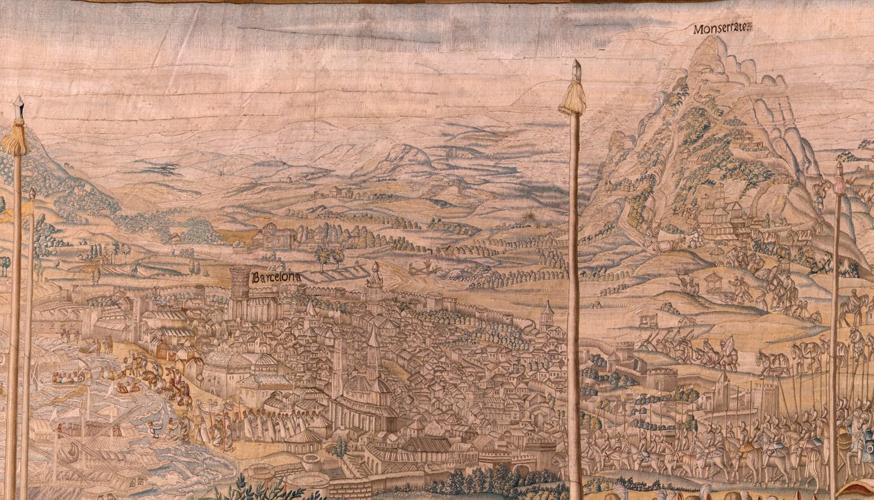 Troepeninspectie in Barcelona (La revista de las tropas en Barcelona). Tweede wandtapijt in de serie. 1543-1548. door Jan Cornelisz Vermeyen