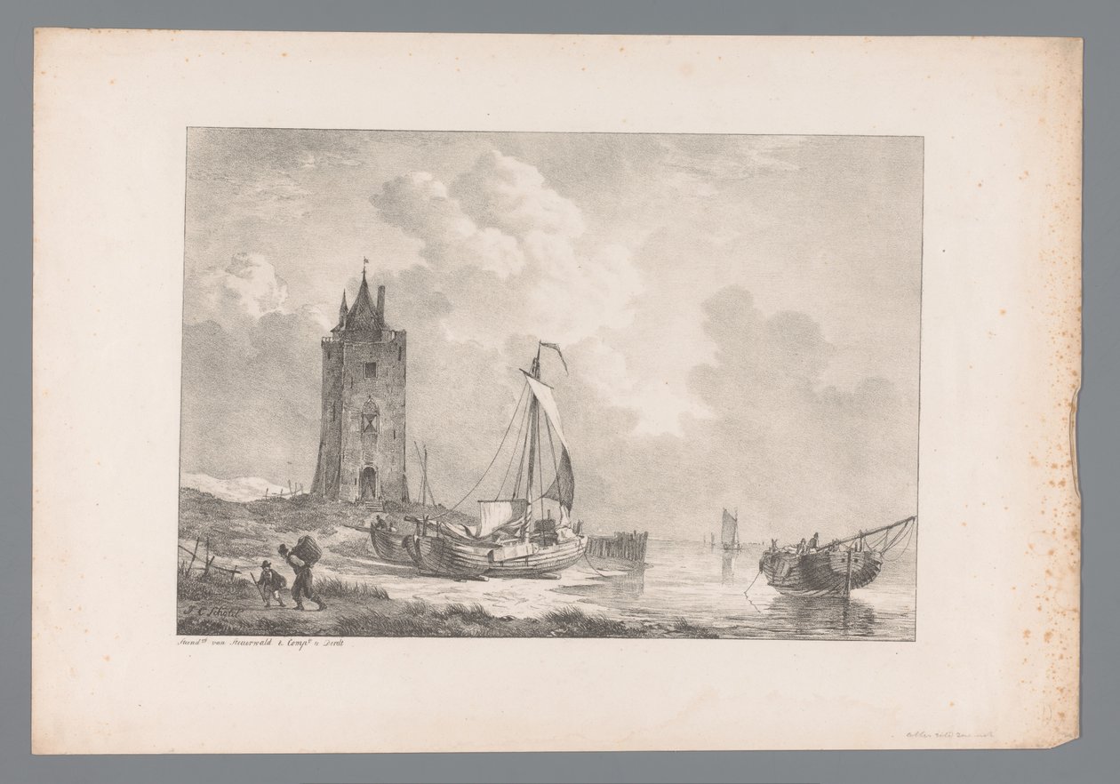 Kustlandschap met toren door Jan Dam Steuerwald (possibly)