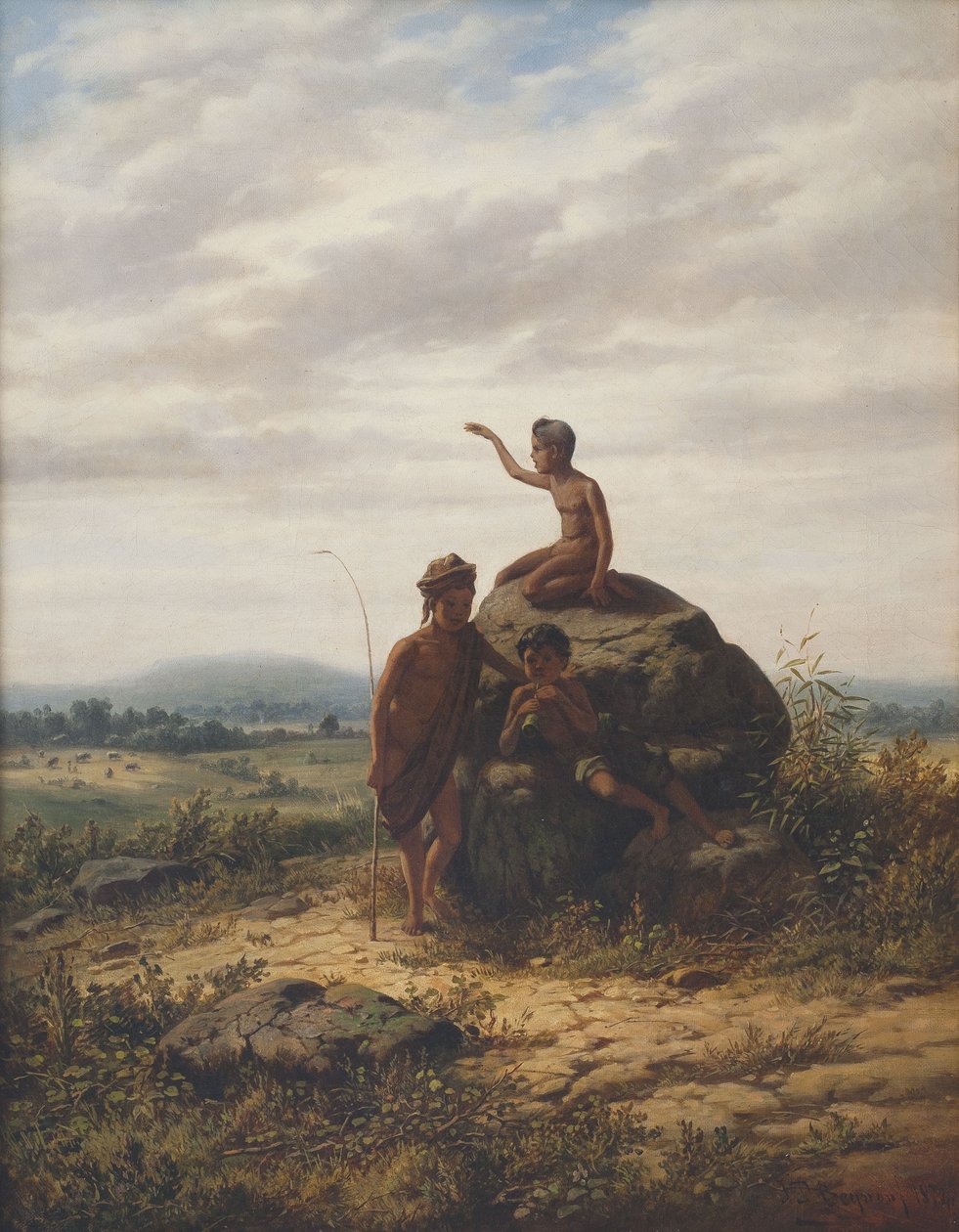 Een uitgestrekt Indonesisch landschap met jonge koeienhoeders door Jan Daniel Beynon