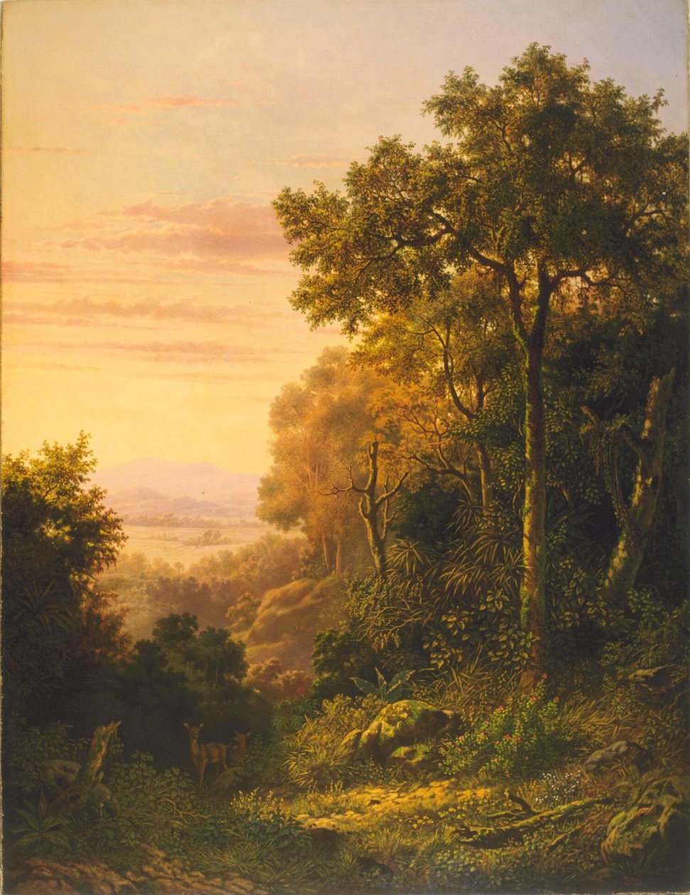 Dutch: Landschap met herten bij zonsopgang / Javaans berglandschap met herten Landscape with deer at dawn door Jan Daniel Beynon