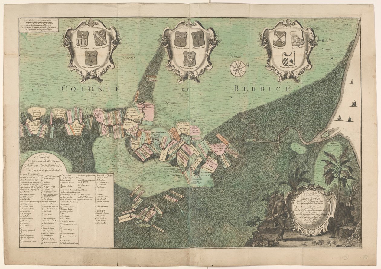 Nauwkeurige plattegrond van de staat en de loop van Rio de Berbice met plantages in de Geoctroyeerde kolonie de Berbice door Jan Daniël Knapp