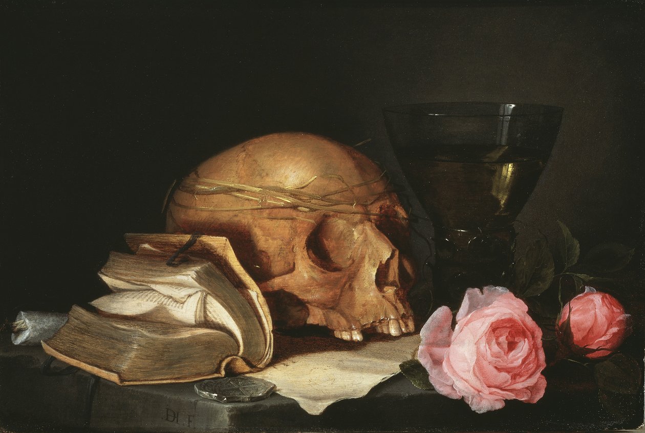 Een Vanitas Stilleven met een Schedel, een Boek en Rozen, ca. 1630 door Jan Davidsz de Heem