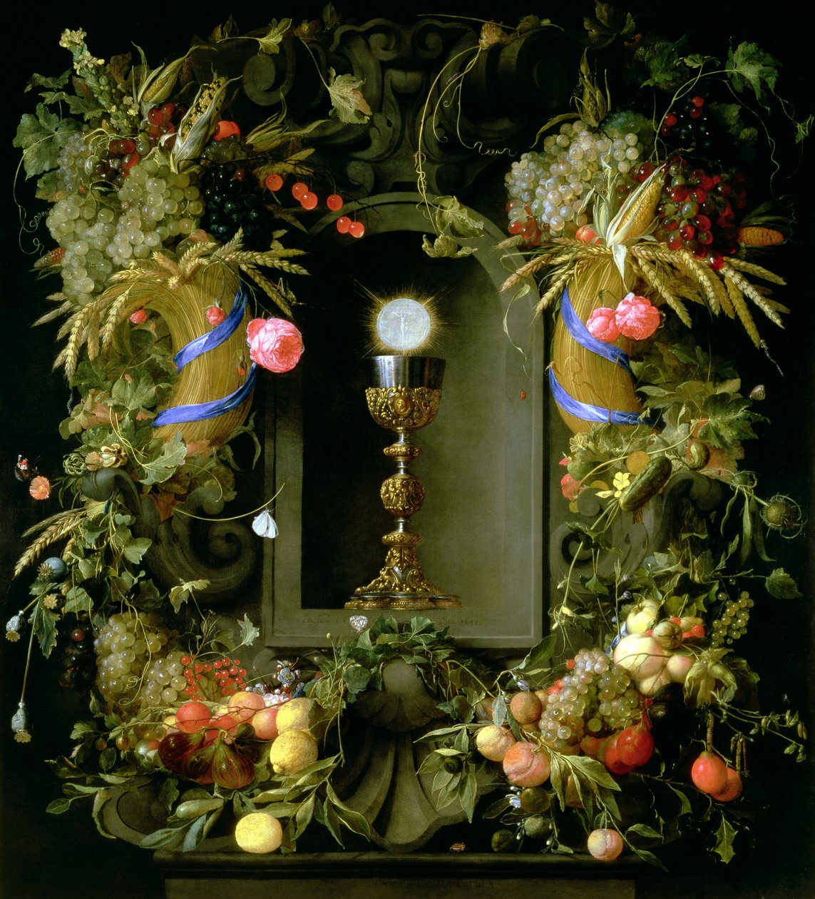 Communiebeker en hostie, omringd door een krans van fruit door Jan Davidsz de Heem