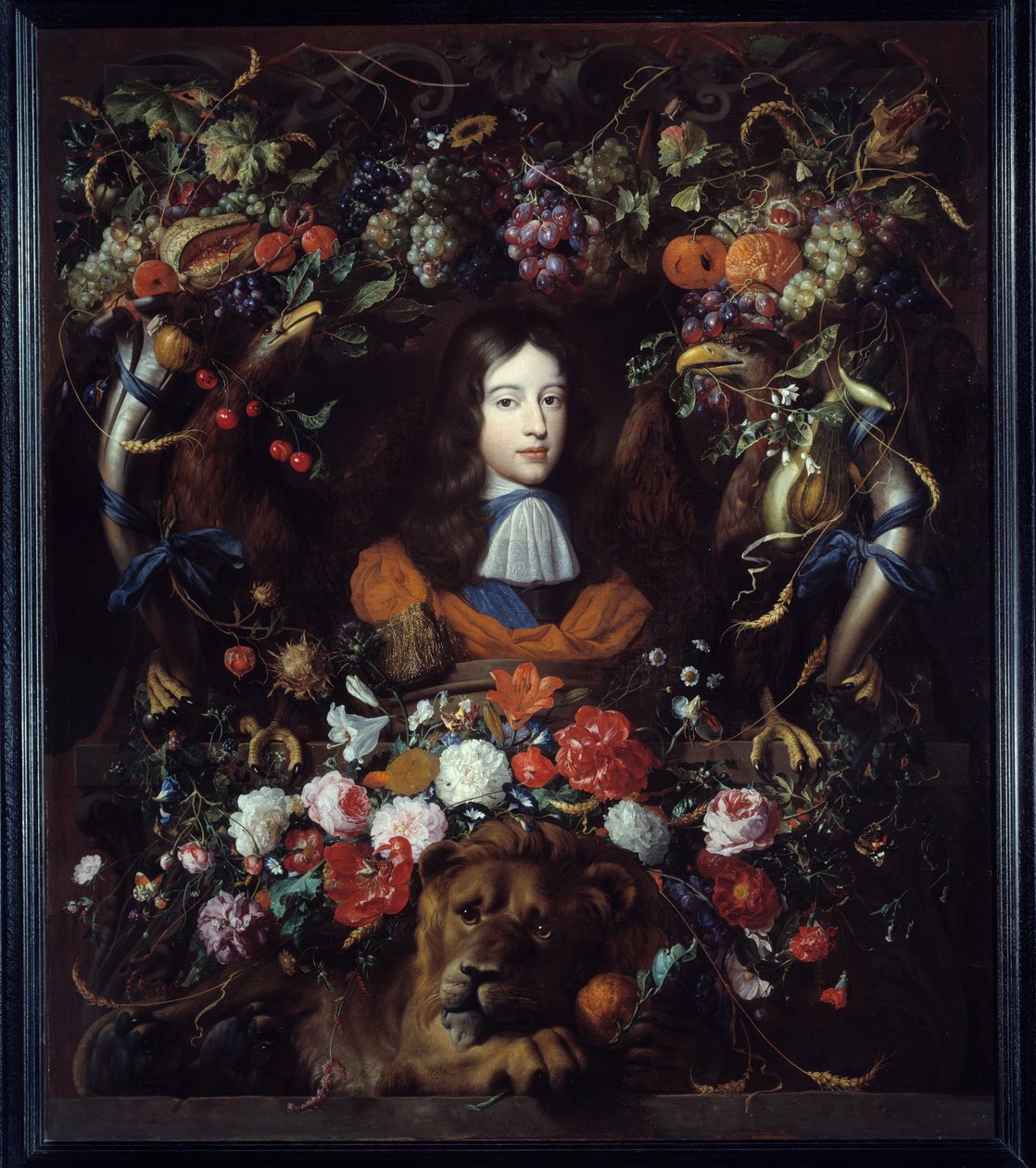 Portret van Willem III van Oranje (1650-1702) in een medaillon van bloemen door Jan Davidsz de Heem