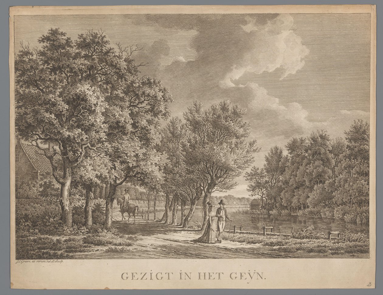 Landschap met een paar, wandelend langs de oever van het Gein door Jan Evert Grave