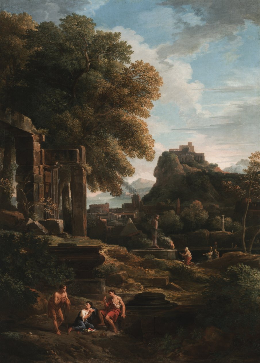 Een klassiek landschap met figuren op de voorgrond, ruïnes links en een figuur in het midden die een offer brengt door Jan Frans van Bloemen
