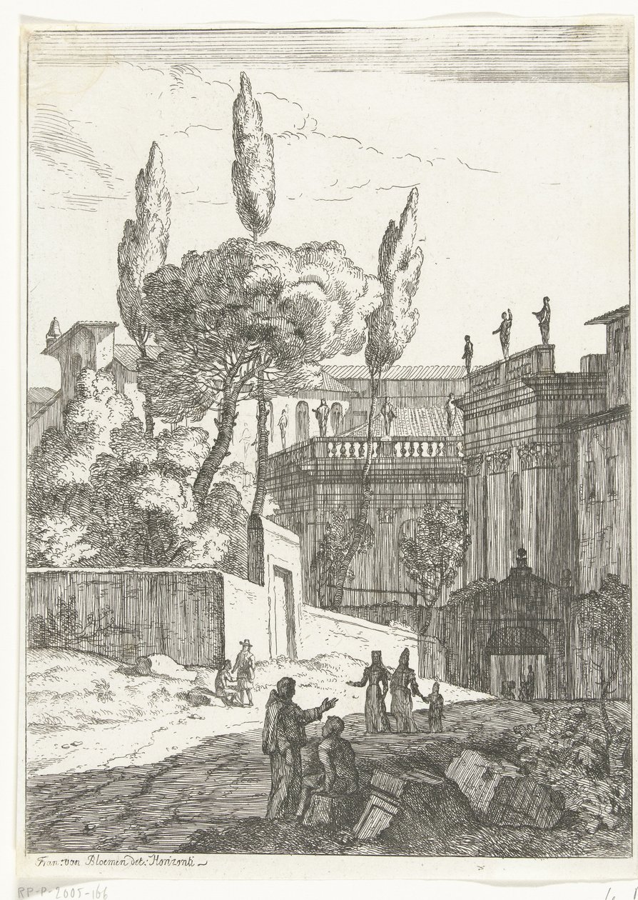Italianiserend landschap met antieke gebouwen en figuren door Jan Frans van Bloemen