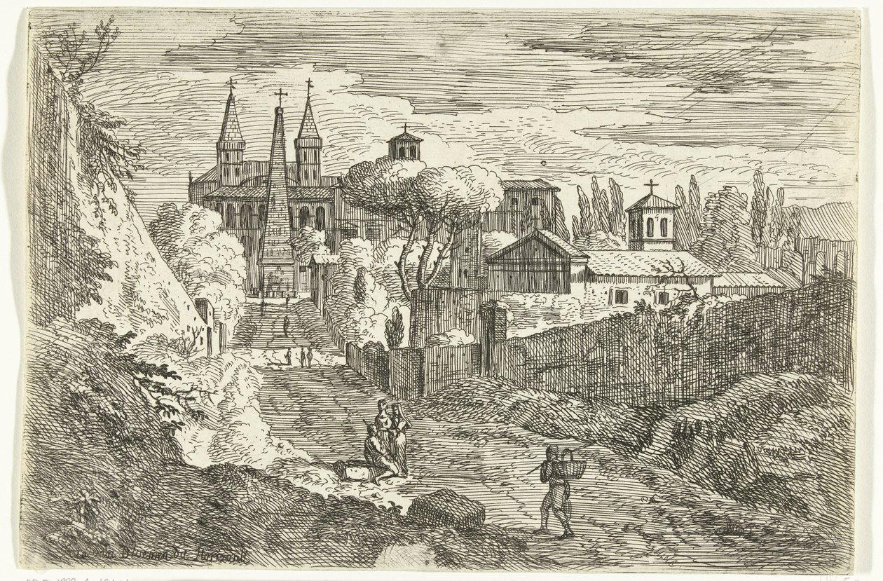 Italianiserend landschap met reizigers bij stadsmuren door Jan Frans van Bloemen