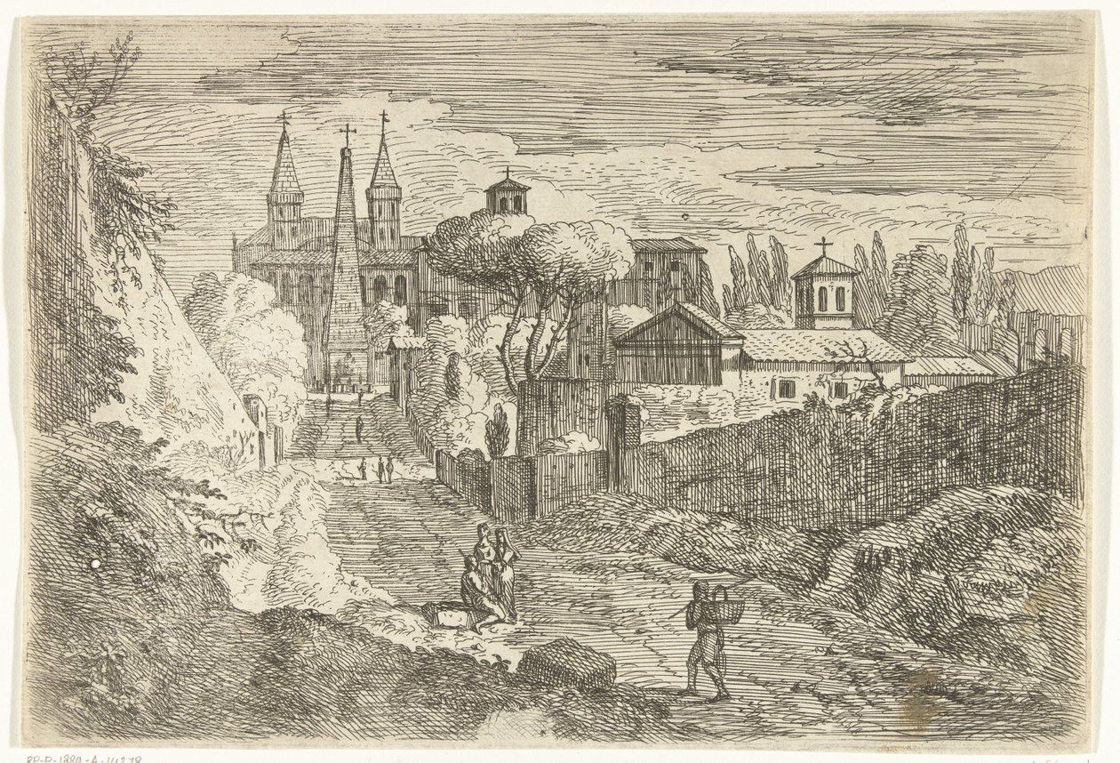 Italianiserend landschap met reizigers bij stadsmuren door Jan Frans van Bloemen