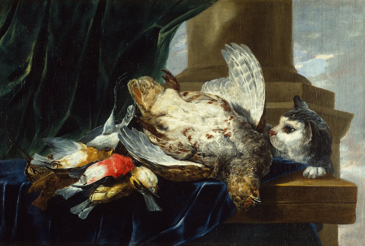 Een dode patrijs en andere vogels een stenen richel met een kat (olieverf op doek) door Jan Fyt
