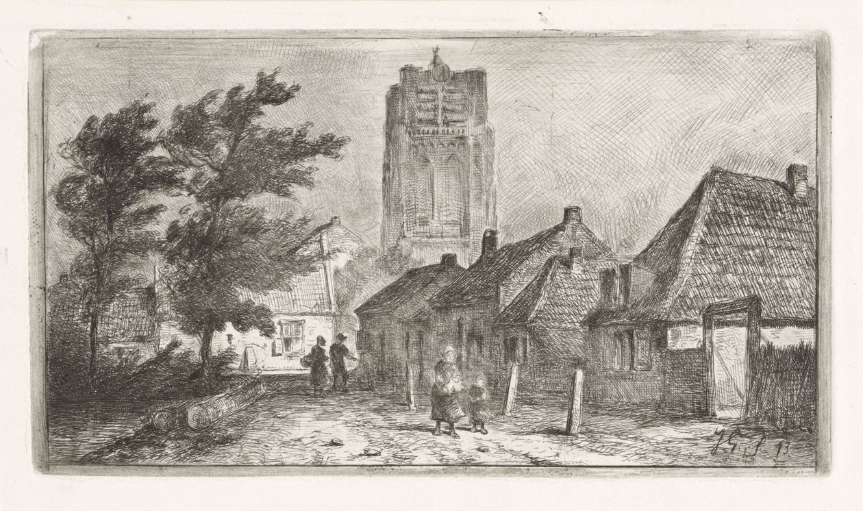 Dorpsgezicht met kerktoren door Jan Gerard Smits