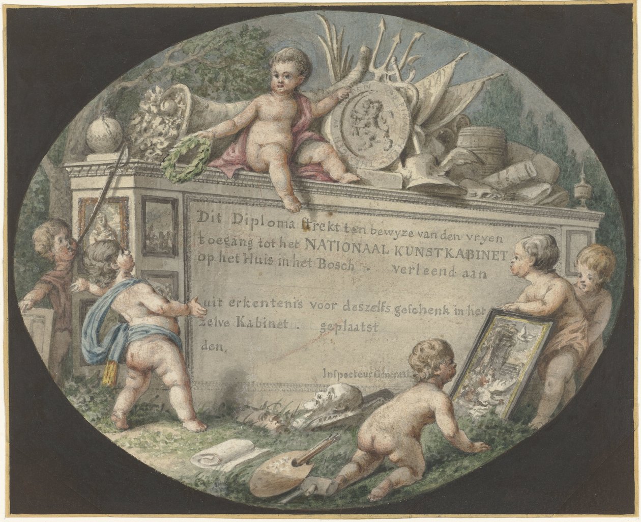 Ontwerp van een toegangsbewijs voor het Nationaal Kunstkabinet op het Huis ten Bosch door Jan Gerard Waldorp (possibly)