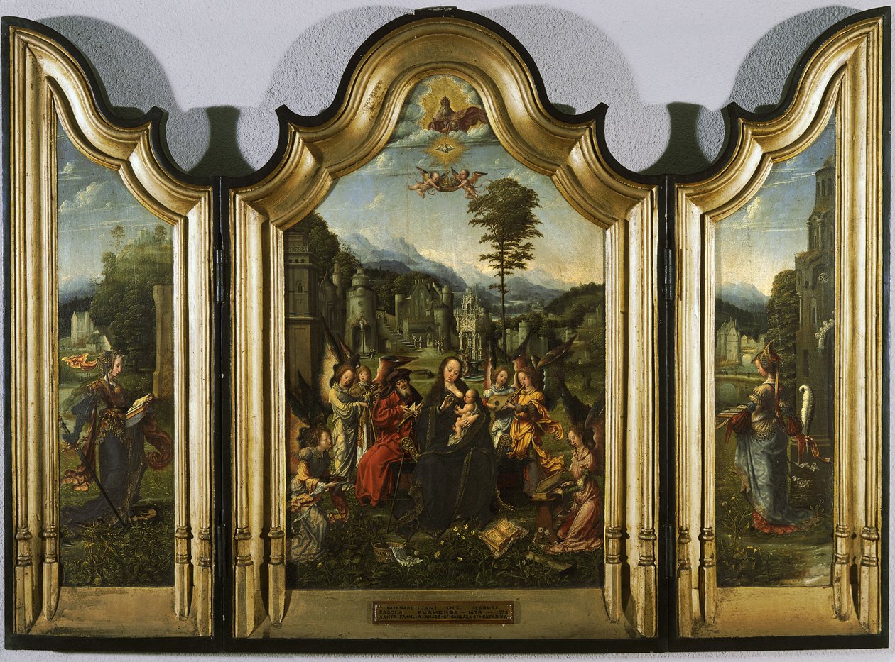 De Heilige Familie met Sint-Catharina en Sint-Barbara drieluik door Jan Gossaert