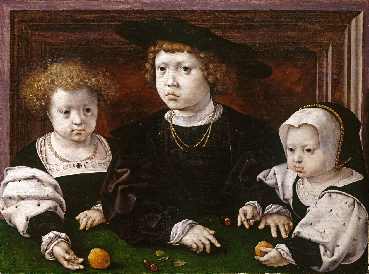 De drie kinderen van Christian II van Denemarken (Dorothea, John en Christina) door Jan Gossaert