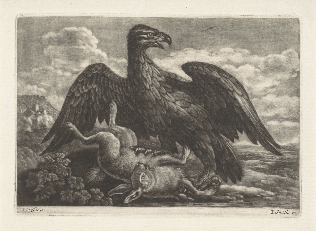 Een adelaar staat op een haas door Jan Griffier (I) (attributed to workshop of)