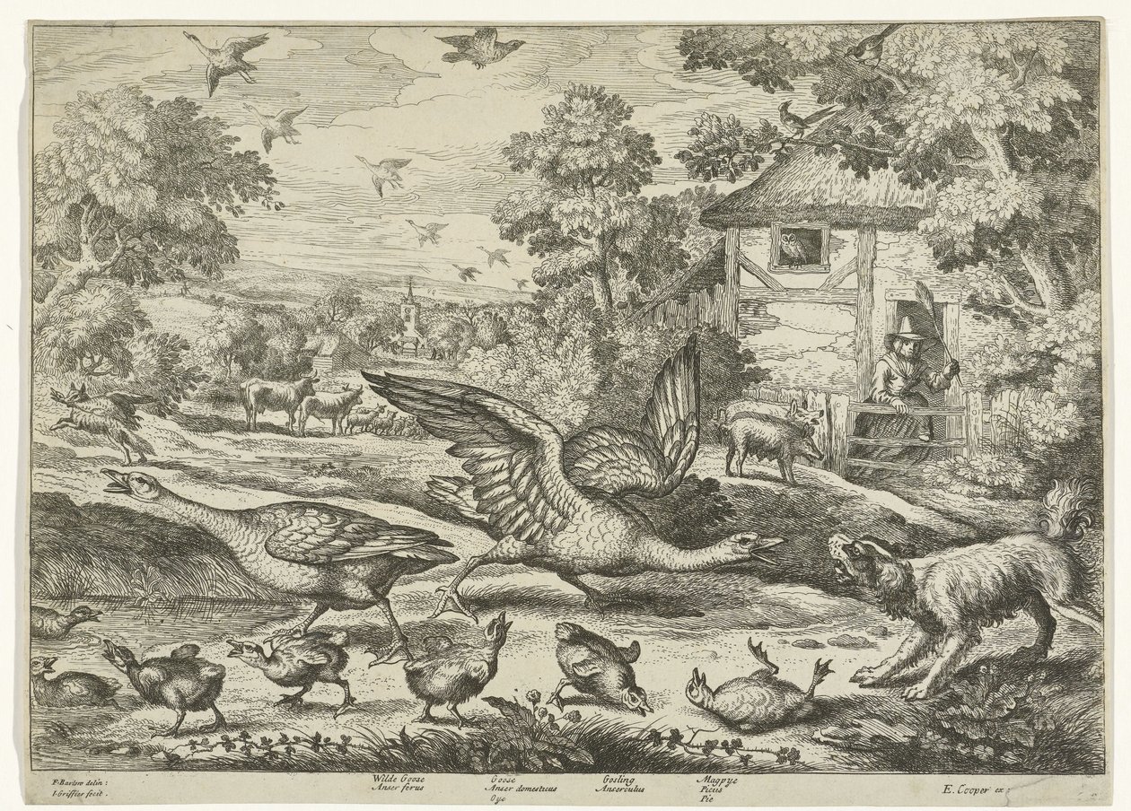 Landschap met twee ganzen die hun jongen verdedigen door Jan Griffier (I)