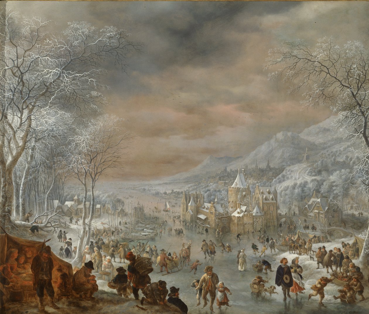 Winterlandschap met schaatsers, kerk en dorp langs de oever van een rivier door Jan Griffier