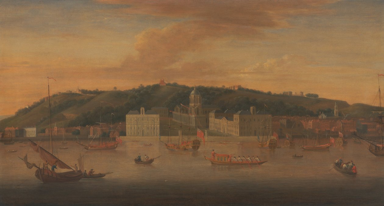 Uitzicht op Greenwich vanaf de rivier met veel boten door Jan Griffier I