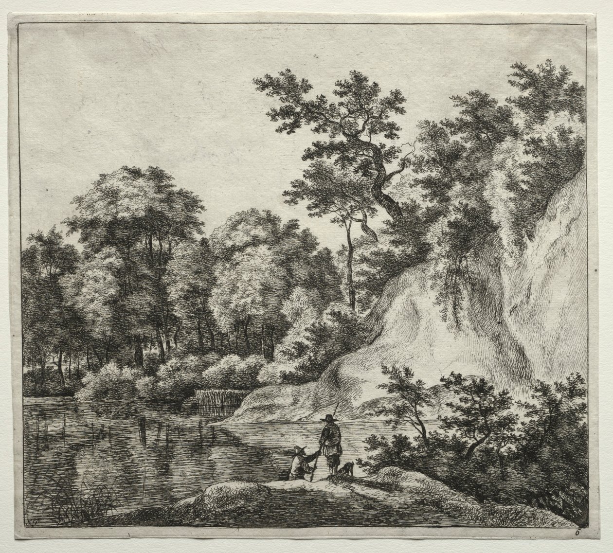 De rots die baadt in de rivier door Jan Hackaert