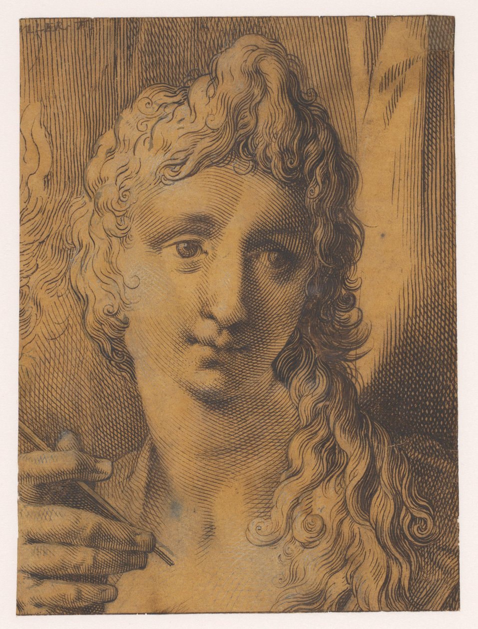 Kop van een jongeling of jonge vrouw die een burijn in de hand houdt door Jan Harmensz. Muller