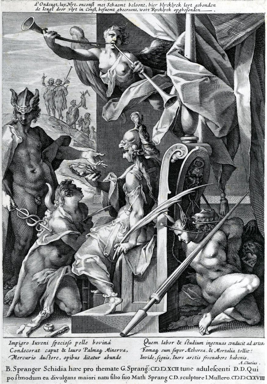 Mercurius en Minerva bewapenen een held met een stierenhuid en een lauwerkrans door Jan Harmensz Muller