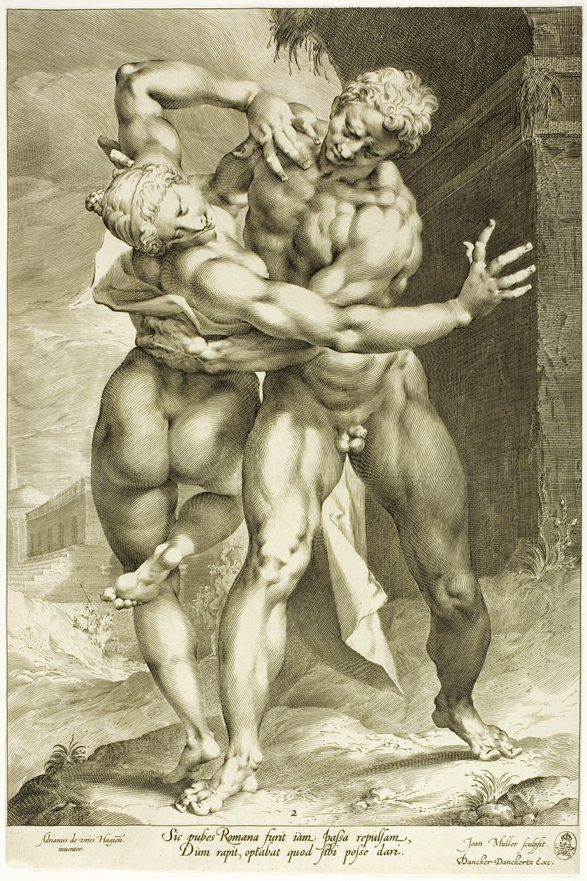 De verkrachting van een Sabijnse vrouw, frontaal zicht door Jan Harmensz. Muller