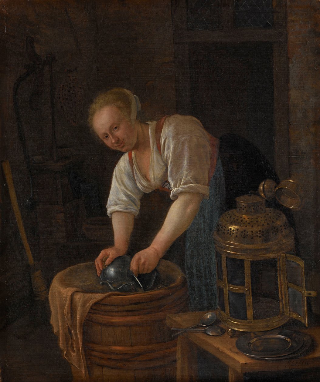 Vrouw die metalen voorwerpen schrobt door Jan Havicksz. Steen