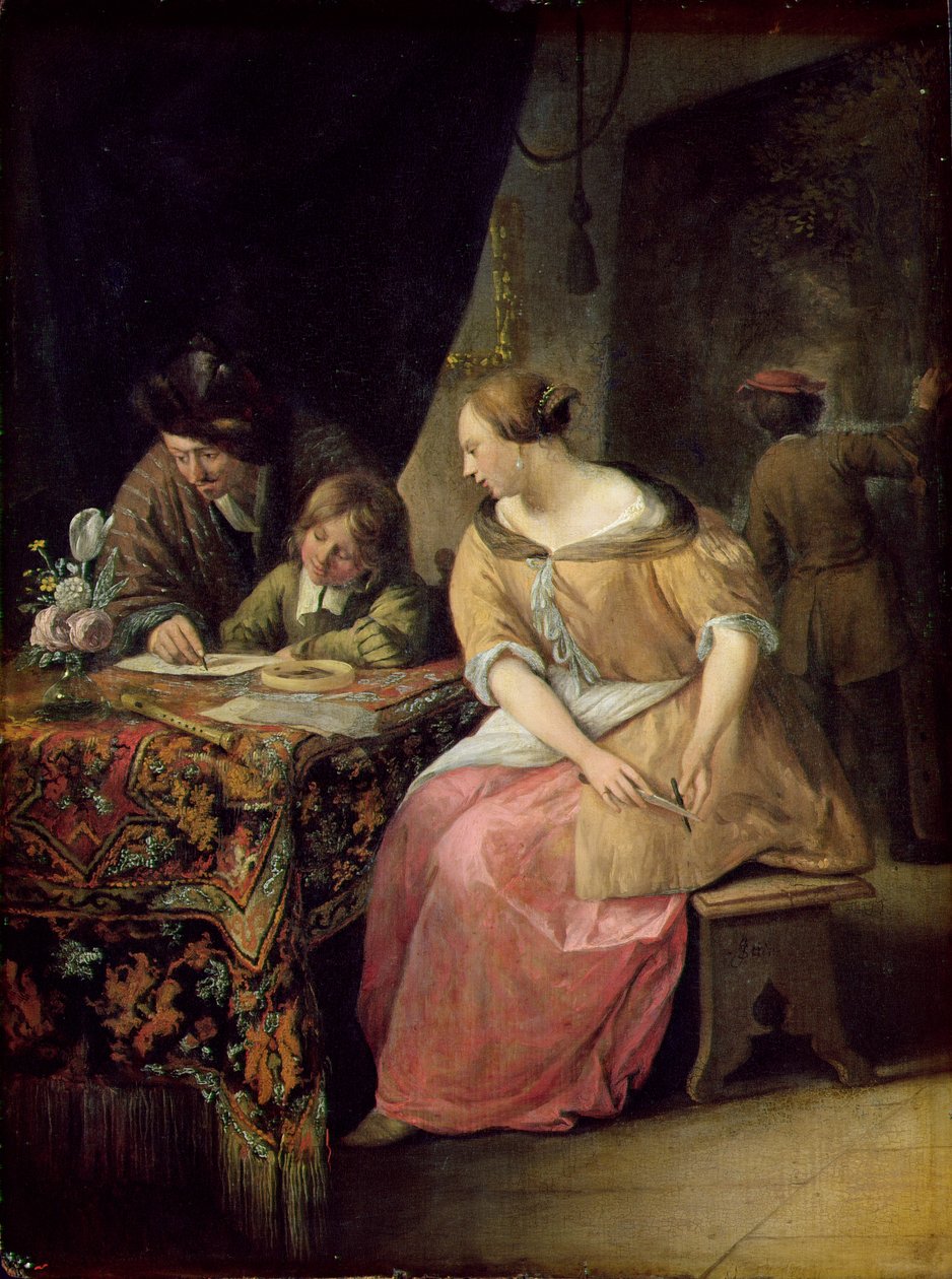 Interieur met een schilder en zijn familie door Jan Havickszoon Steen