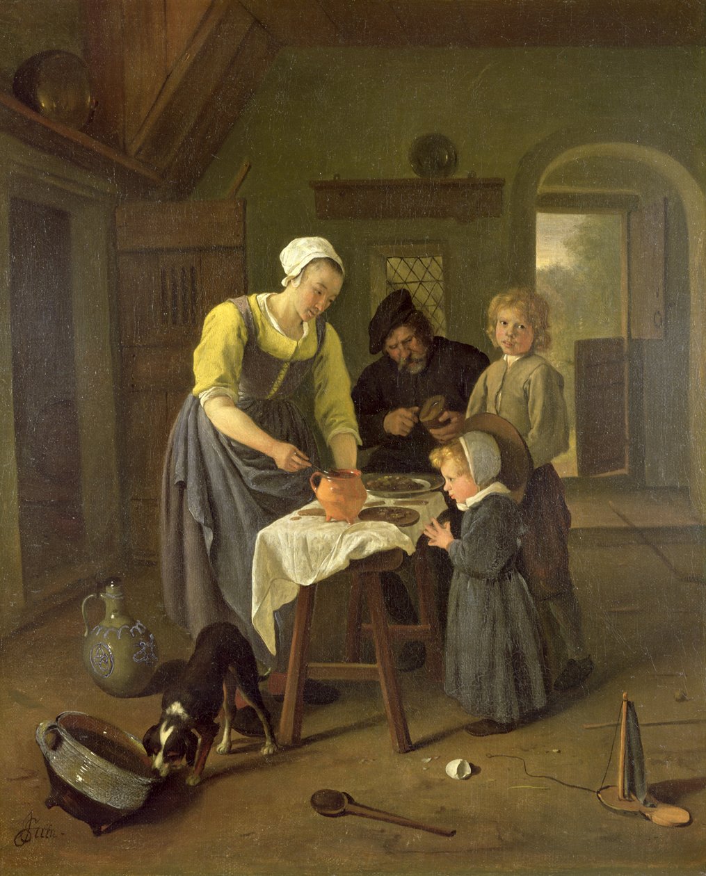Boerenfamilie aan tafel, c.1665 door Jan Havickszoon Steen