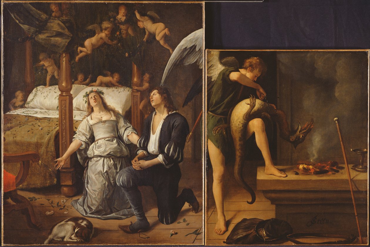Tobias en Sarah met de aartsengel Raphael die de demon Asmodeus uitdrijft, opnieuw samengesteld uit twee gescheiden fragmenten door Jan Havickszoon Steen