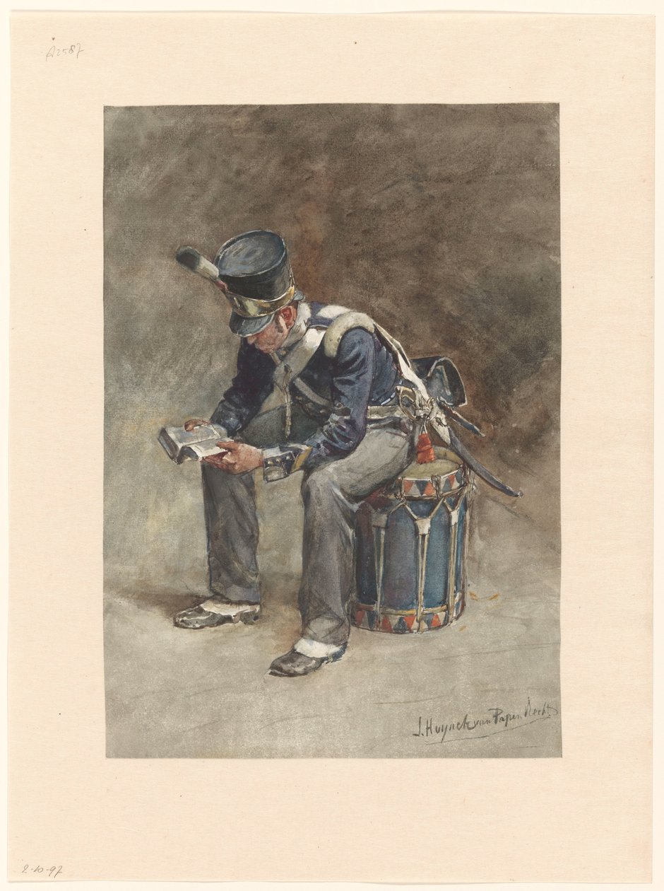 Zittende lezende tamboer van de infanterie door Jan Hoynck van Papendrecht