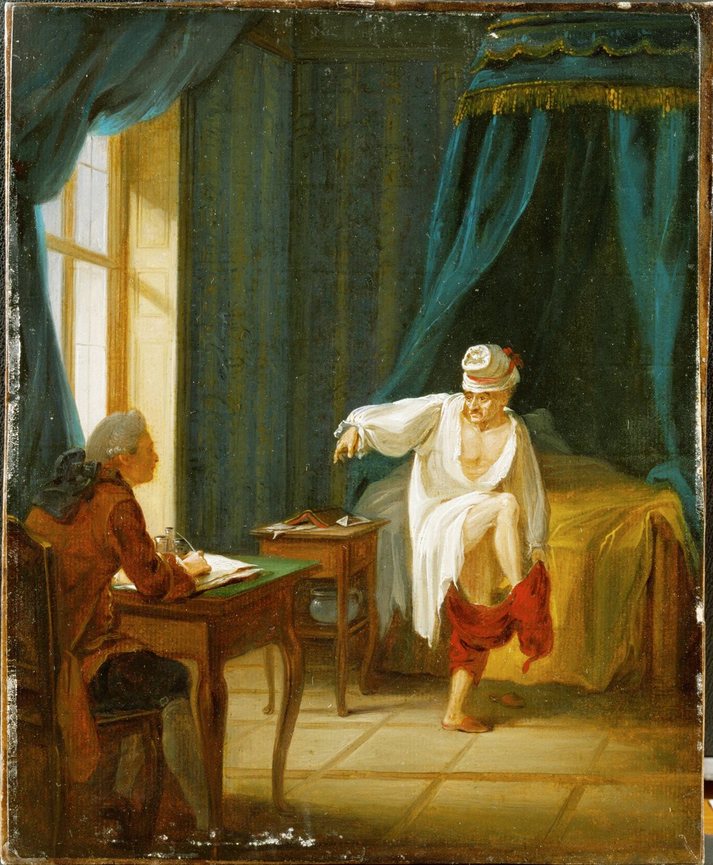 Voltaire in zijn nachthemd, trekt zijn broek aan terwijl hij dicteert aan zijn secretaresse, in zijn huis in Fernet, Frankrijk ... (olieverf op papier geplakt op karton) door Jan Huber