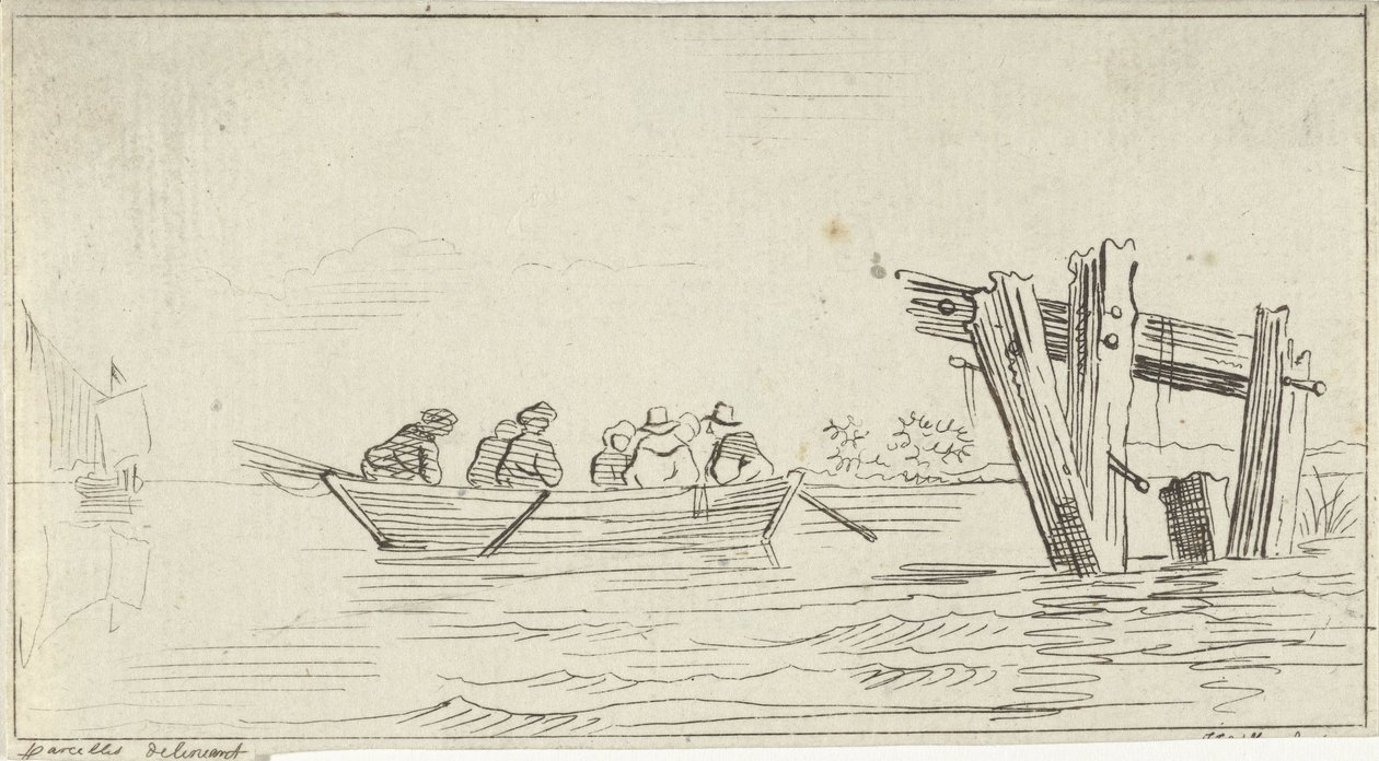 Roeiboot met figuren op een rivier door Jan Izaak van Mansvelt