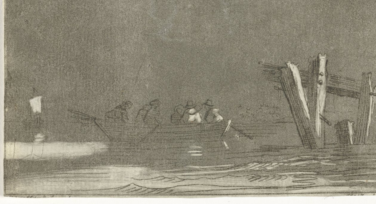 Roeiboot met figuren op een rivier door Jan Izaak van Mansvelt