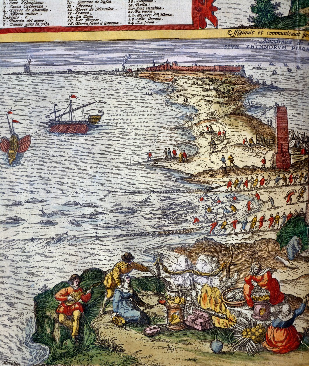 Visscène en visbereiding in de havenstad Cadiz door Jan Janssonius