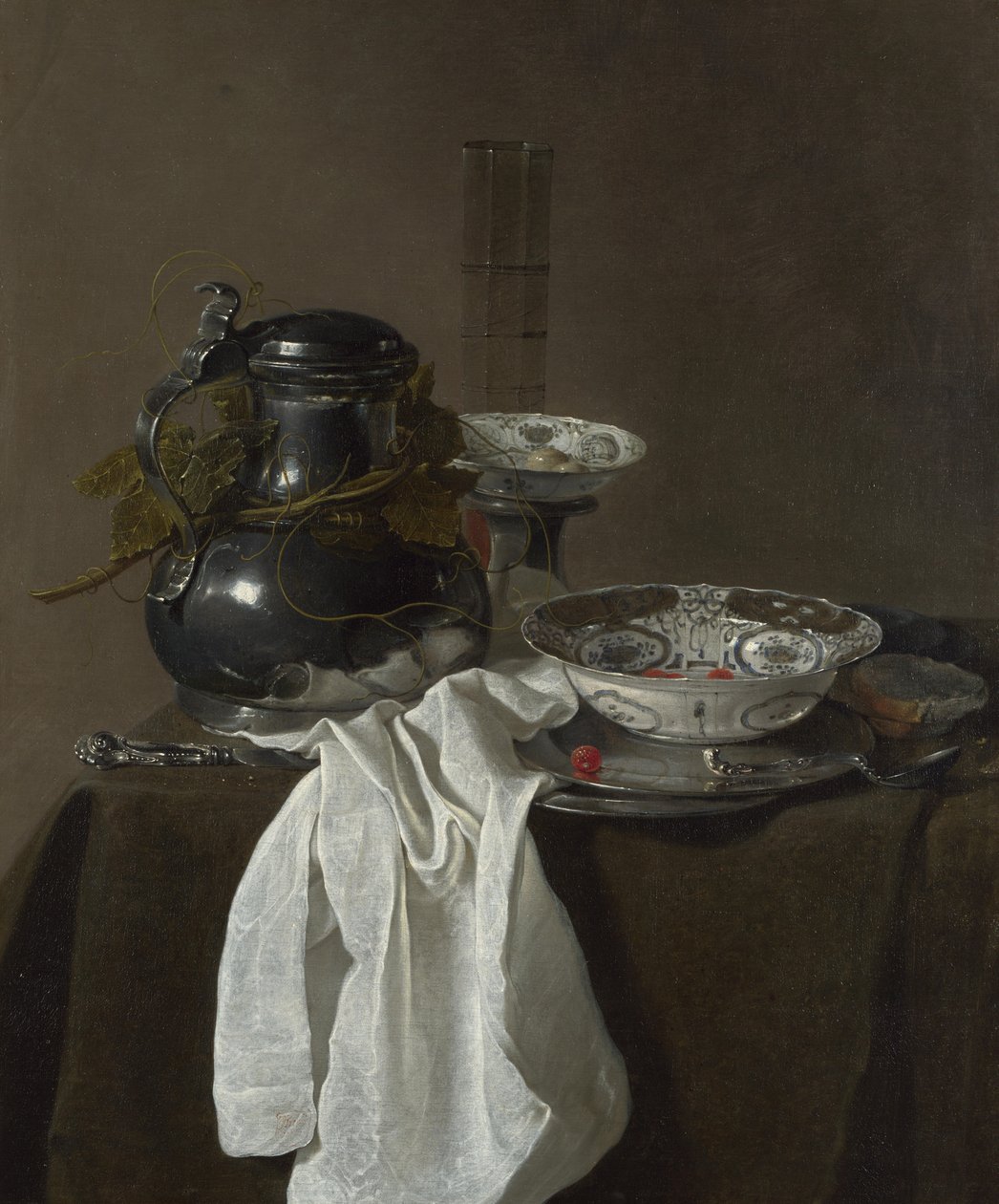 Stilleven met een tinnen kan en twee Ming kommen, 1651 door Jan Jansz. Treck