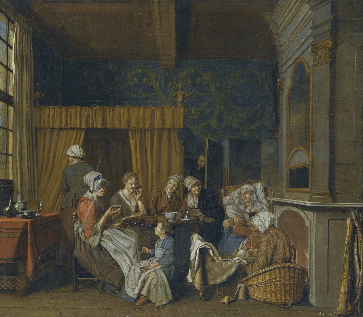Een familie drinkt thee terwijl ze de geboorte van een tweeling vieren door Jan Josef Horemans the Younger