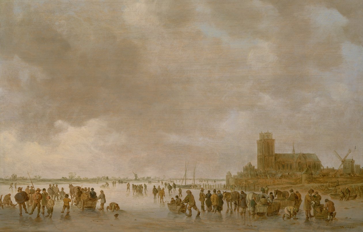 Een winterlandschap met schaatsende figuren op het ijs door Jan Josephsz van Goyen